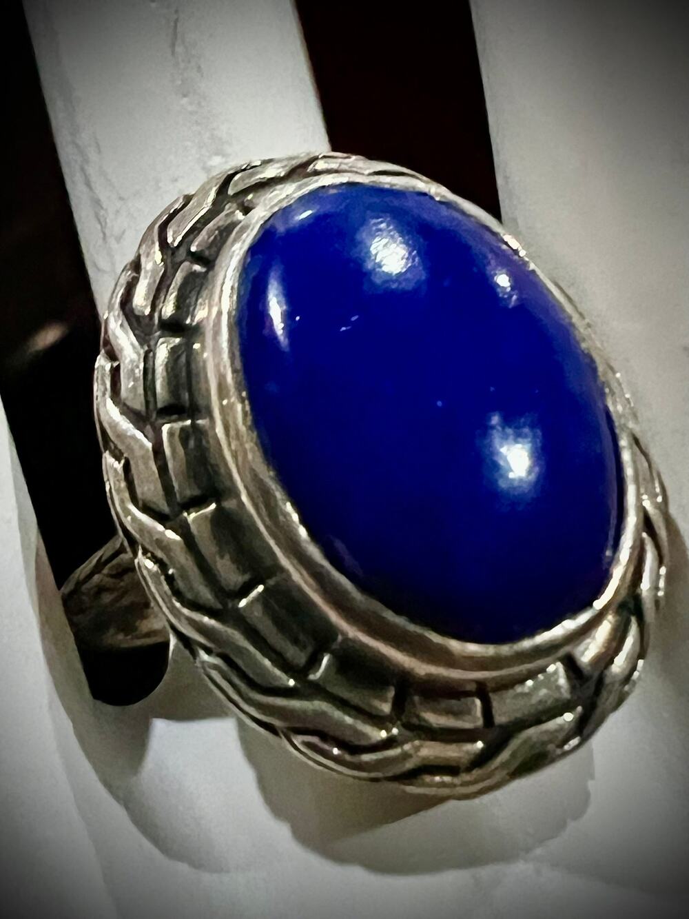 Large STS Sterling Silver & Lapis Lazuli Basket Weave Statement Ring